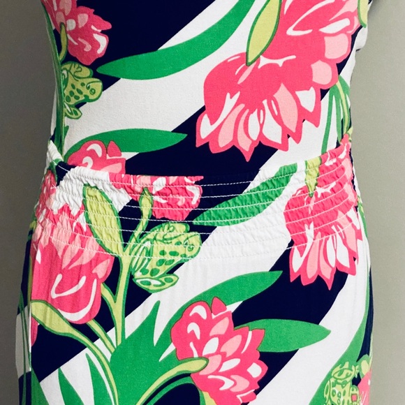 Lilly Pulitzer Dress Knit Stretch Off or On Shoulder Lotus Floral Navy Pink - Picture 3 of 10